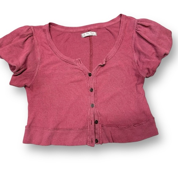Free People We The Free Molly Crop Button Front Puff Short Sleeve Scoop Neck XS - Picture 3 of 9